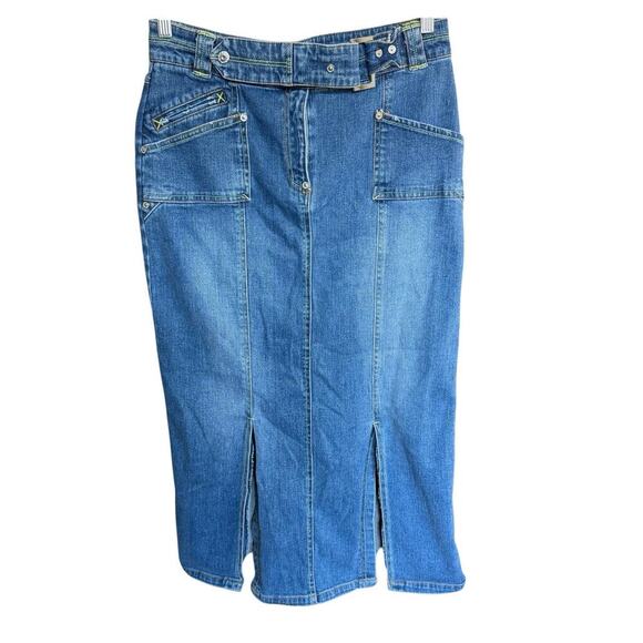 Vtg Y2K Vezucci Jeans Skirt Denim Slits Belted Midi Stretch 8 Western Cowgirl - Picture 1 of 11